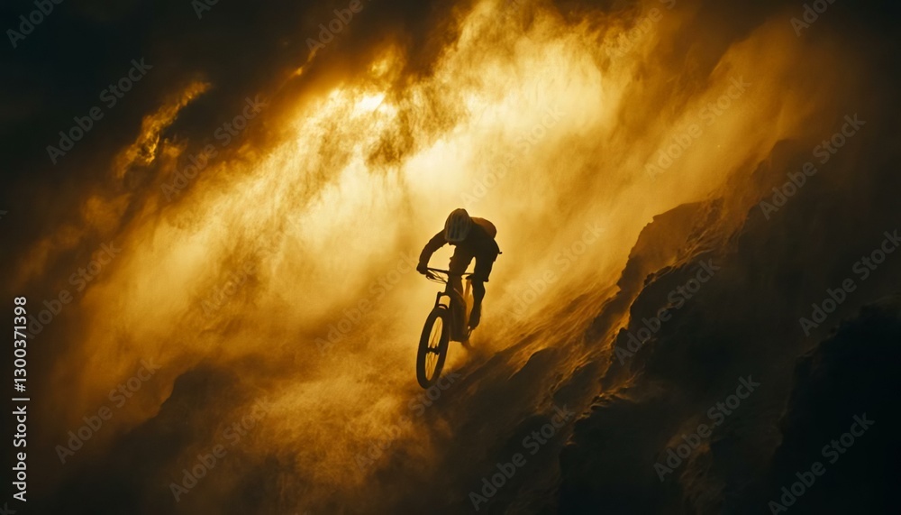 Fototapeta premium Dramatic Mountain Biker in Misty Landscape with Golden Backlight