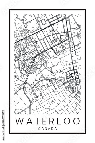 Printable downtown road map poster of the Canadian city of WATERLOO on solid white background with city name