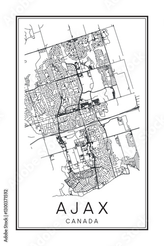 Printable downtown road map poster of the Canadian city of AJAX on solid white background with city name photo