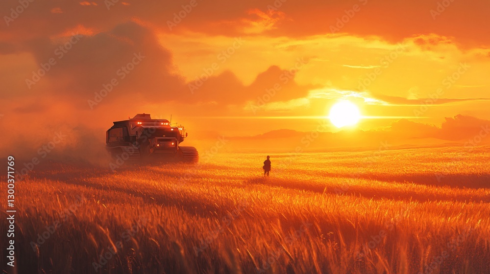 Fototapeta premium Sunset adventure off-road vehicle journey through golden wheat fields