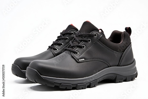 Durable black safety shoes with a steel toe, isolated on a clean white background, showcasing their robust design and protective features for industrial or construction work.