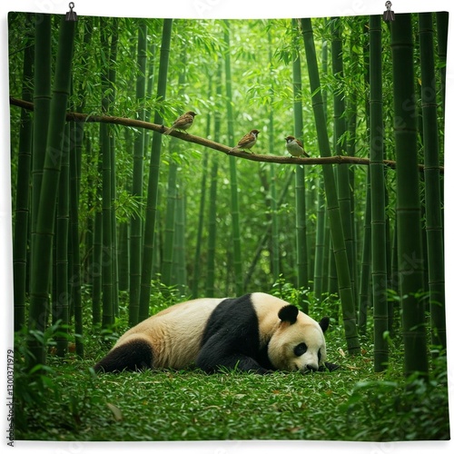 A giant panda relaxing in a lush bamboo forest, while a pair of sparrows chirp from the branches above