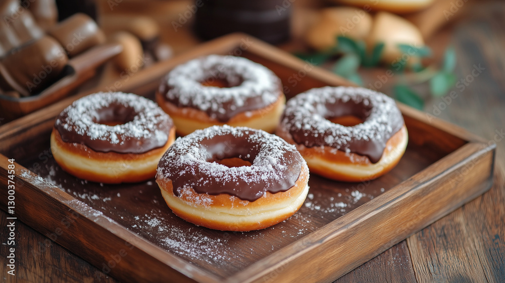 Delicious Chocolate Glazed Donuts with Powdered Sugar on Wooden Tray Delicious Chocolate Glazed Donuts with Powdered Sugar on Wooden Tray