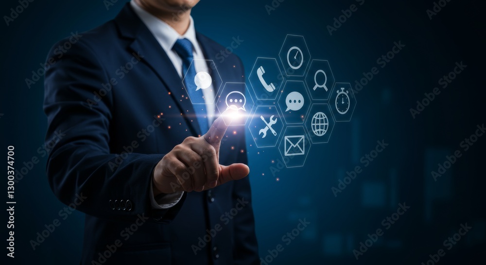 Obraz premium Businessman activating a futuristic interface with communication icons interface