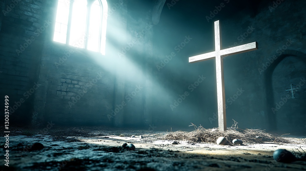 Naklejka premium Wooden Cross in a Dark Church with Light Streaming Through a Window
