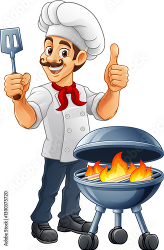 A chef cartoon barbecue cook out brazier cook man giving thumbs up and holding a BBQ spatula mascot character illustration