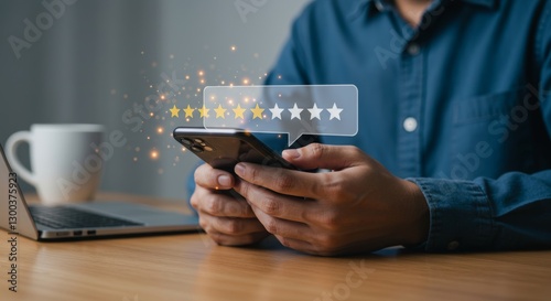 Online feedback and customer satisfaction depicted via mobile device and stars