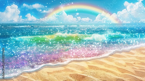 Vibrant beach scene with sparkling waves, soft sand, and a rainbow arching over a serene ocean backdrop