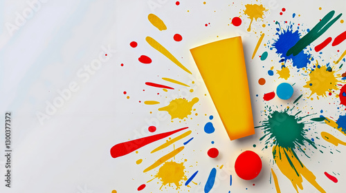 A yellow cup surrounded by colorful paint splatters on a white background