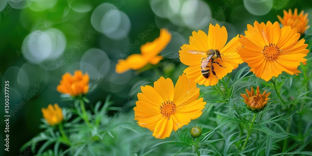 View of honey bee and yellow Cosmos flower on blurred green leaf background under sunlight View of honey bee and yellow Cosmos flower on blurred green leaf background under sunlight