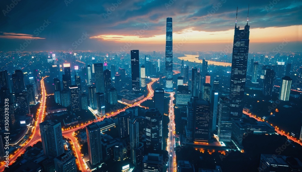 Fototapeta premium Photorealistic view of a modern city at night showcasing high-tech infrastructure