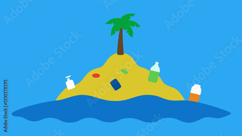 Trash Island A depiction of an island made entirely of discarded plastic bottles and bags with a single palm tree struggling to survive on top.