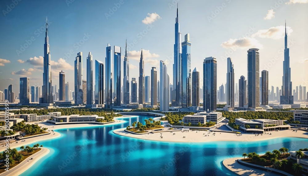 Obraz premium Conceptual visualization of urban innovation featuring Dubai's iconic skyscrapers and vibrant skyline