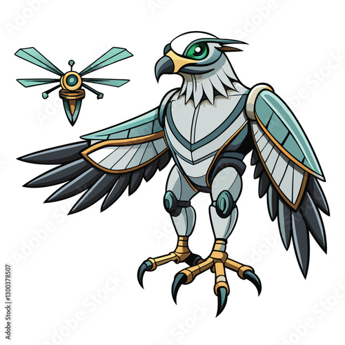 Illustrate a bio-mechanical hawk-drone hybrid, blending avian features with drone technology, in a photorealistic style.  Focus on detailed textures and realistic lighting.