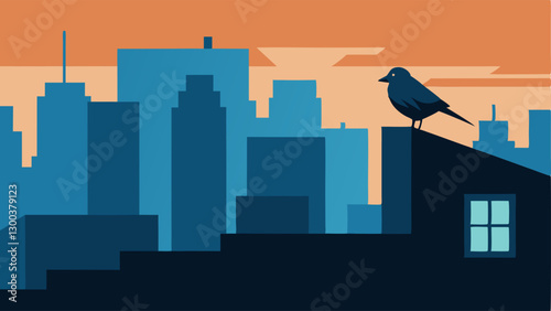 Urban Wildlife A lone bird perched on a rooftop looking down at the city below ing the displacement of wildlife due to the absence of natural habitats in urban settings.