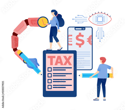 Illustration of People Utilizing Internet Networks and Cyborg Hands for Tax Surveys, Banking, and Investment Access, Enhancing Financial Services with AI-Driven Precision