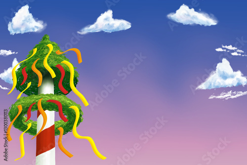 illustration of a cartoon maypole with colorful ribbons against a blue sky