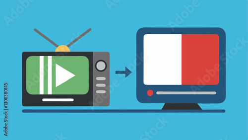TV Screen Transition A classic CRT television screen fading into a modern flatscreen displaying the buffering icon symbolizing the shift from traditional TV to streaming.