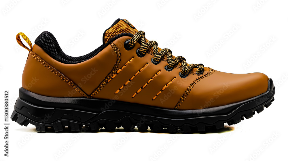 A pair of brown hiking shoes on a white background A pair of brown hiking shoes on a white background