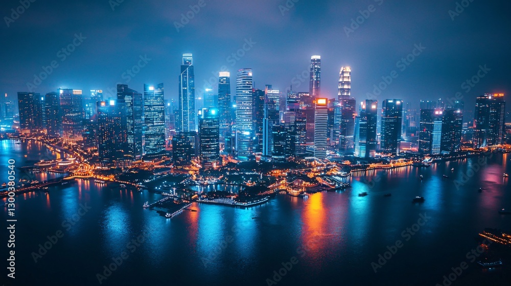 Fototapeta premium Stunning Night Cityscape of a Modern Urban Skyline Reflected in Water with Vibrant Lights and Cloudy Sky