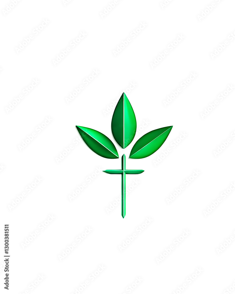 A green leaf with a cross on a white background A green leaf with a cross on a white background
