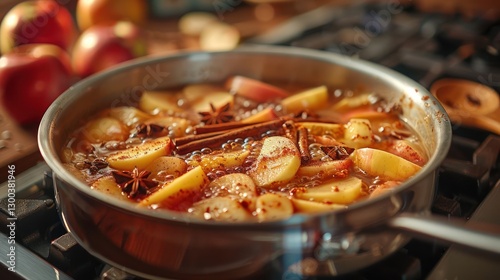 A simmering pot of spiced apple mixture on a stove, with fresh apples in the background