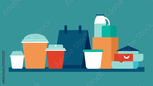 ToGo Containers An array of different takeout containers bags and cups lined up on a table with a person unable to clean up symbolizing the convenience and waste of takeout