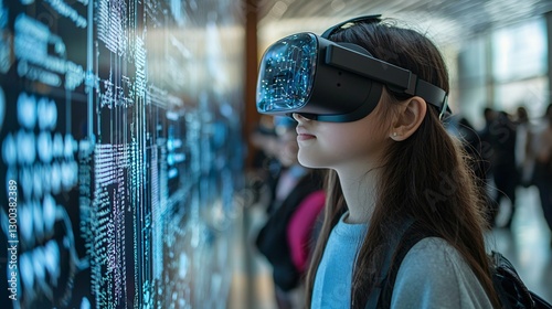 Young Girl Exploring Virtual Reality with Advanced Technology in Modern Urban Environment
