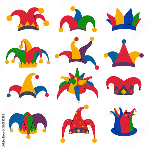 Collection of colorful jester hats in various styles. Festive and playful headwear for carnival, circus, and celebration designs. Suitable for posters, invitations, stickers.