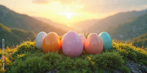 Bright and Colorful Easter Eggs Placed on a Mountain Peak – A Unique and Festive Symbol for Easter Celebrations and Marketing