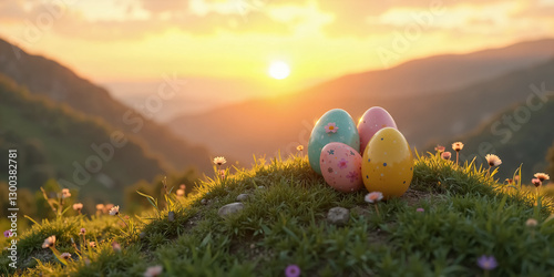 Vibrant Easter Eggs Displayed on Top of a Majestic Mountain – A Stunning Visual for Holiday Promotions and Seasonal Advertisements