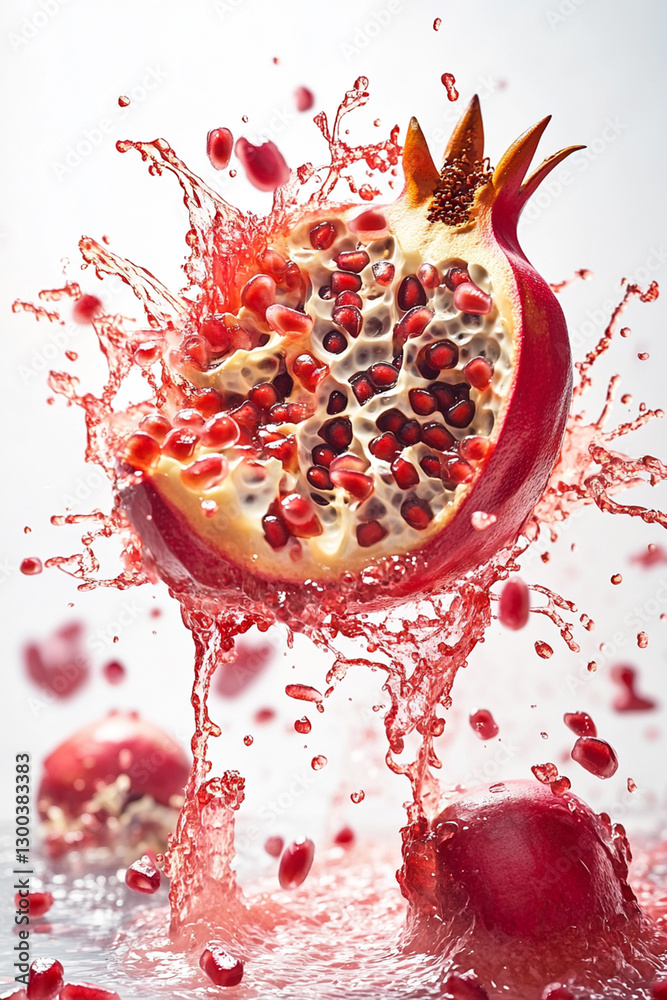 Exploding pomegranate burst, vibrant red and pink color palette, juice splashes and pomegranate fragments flying outward Exploding pomegranate burst, vibrant red and pink color palette, juice splashes and pomegranate fragments flying outward