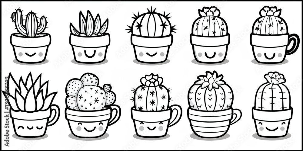 Fototapeta premium Vintage style hand drawn cactus plant doodle set 