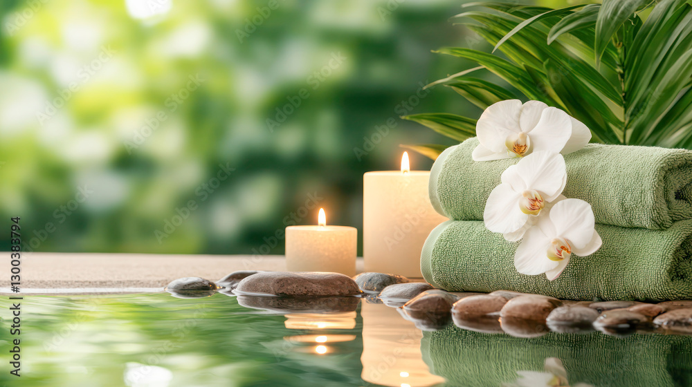 Spa towels with a white orchid placed near a reflective water surface, accompanied by glowing candles and lush green foliage in the background, creating a relaxing and tranquil atmosphere. Spa towels with a white orchid placed near a reflective water surface, accompanied by glowing candles and lush green foliage in the background, creating a relaxing and tranquil atmosphere.