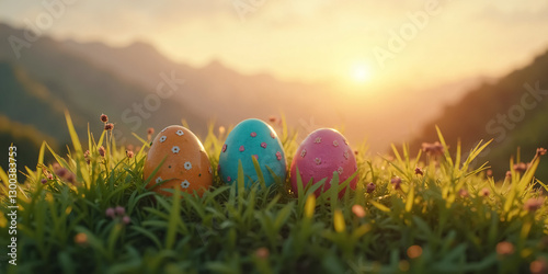 Beautifully Arranged Easter Eggs on a Mountain Summit – A Creative Representation of Easter, Nature, and Springtime Festivities