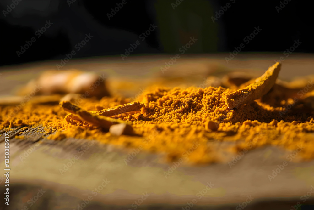 Turmeric powder and root pieces on wooden surface, vibrant orange spice for cooking and wellness Turmeric powder and root pieces on wooden surface, vibrant orange spice for cooking and wellness