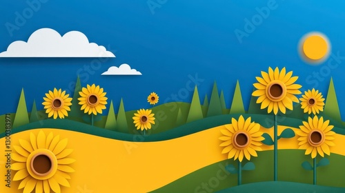 Cheerful Paper Art Sunflowers in a Sunny Field Landscape