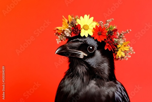 Isolated red background, copy space, digital ads graphic design. Cute baby animal crow wearing primal flower crown on its head - symbol of sunny warm season. Animal in flower crown shot. photo