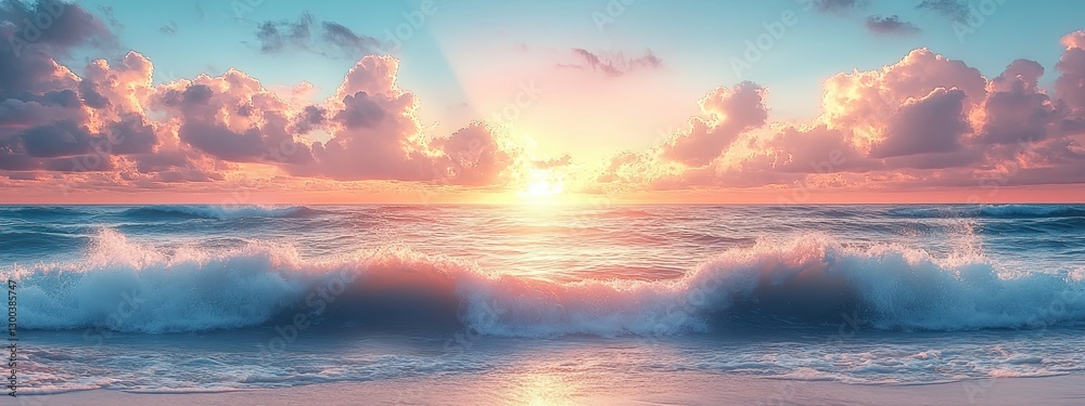 Fototapeta premium Peaceful beach with soft ocean wave, peaceful beach scenery under cloudy sky, ideal peaceful beach background for relaxing or travel visuals
