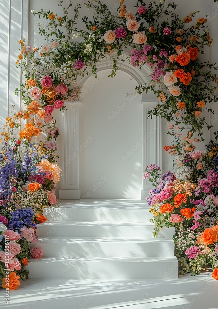 Naklejka premium White stairs and archway decorated with colorful blooming flowers