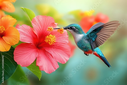 Vibrant hummingbird hovering near a bright hibiscus flower in a lush tropical garden setting