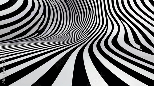 A black and white striped tunnel with a black background