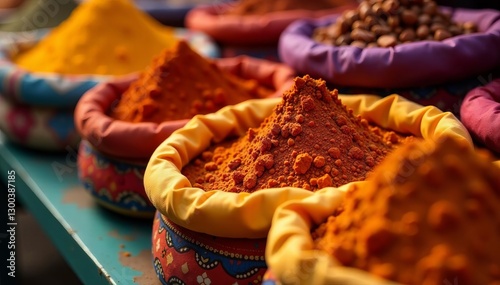 Fototapeta Naklejka Na Ścianę i Meble -  Close-up of various Moroccan spice blends in colorful bags, ingredient, colorful