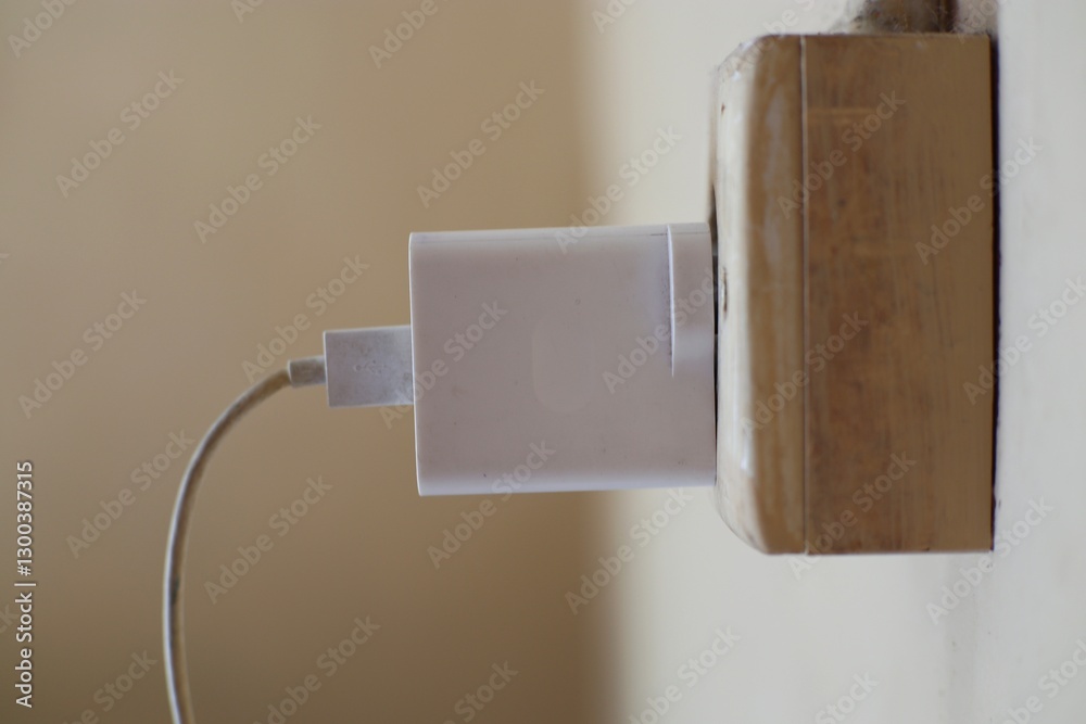 Obraz premium Phone charger connected to a weathered outlet, symbolizing energy connectivity and power reliance