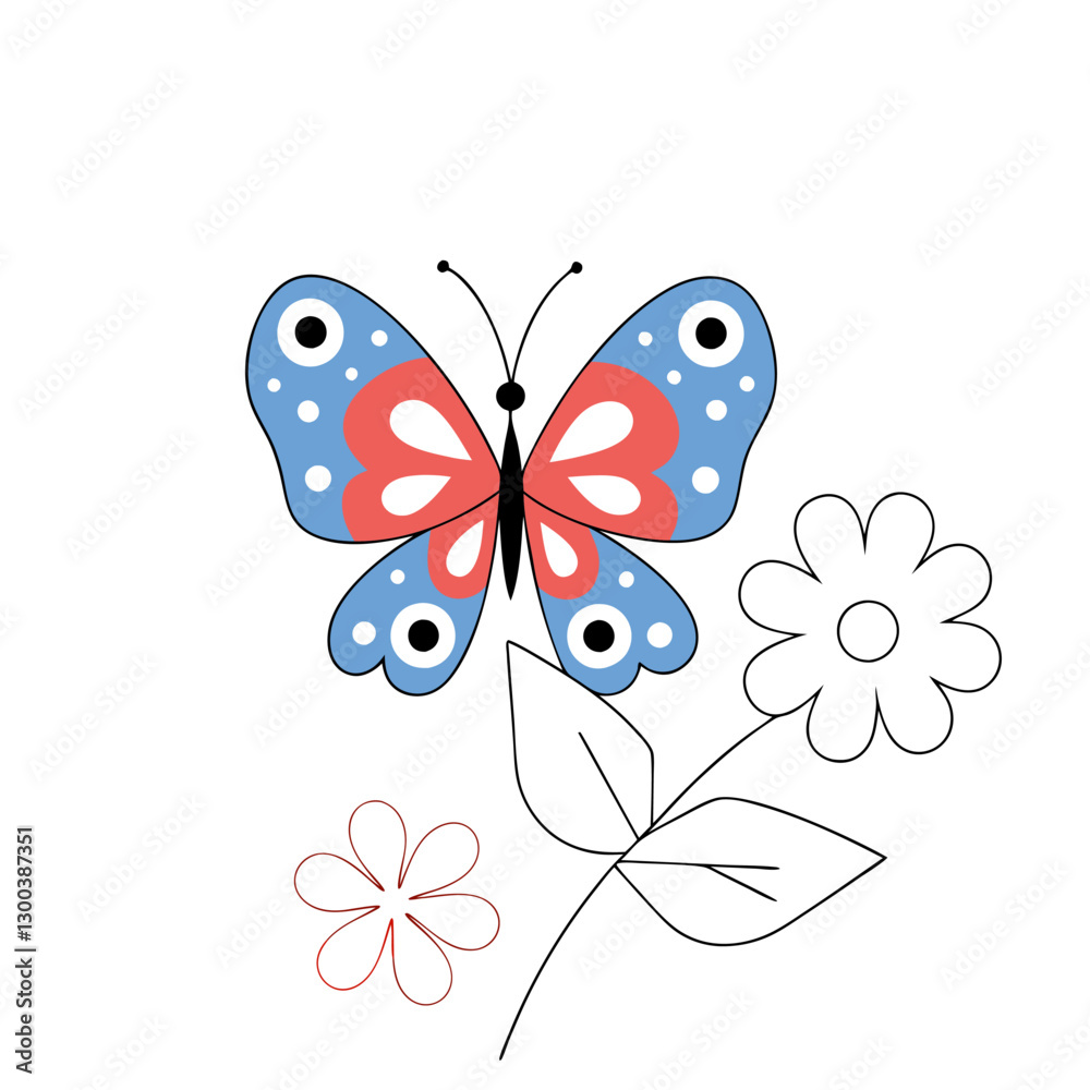 Cute Butterfly Illustration: Blue, Red. Cute Butterfly Illustration: Blue, Red.