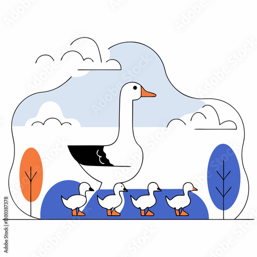 Goose Family Line Art Illustration - Mother Goose & Goslings - Pastel Colors - Minimalist Style.