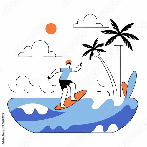 Surfer Riding Ocean Wave, Tropical Beach.