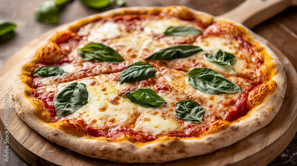 Freshly Baked Margherita Pizza with Mozzarella and Basil on Wooden Pizza Peel Freshly Baked Margherita Pizza with Mozzarella and Basil on Wooden Pizza Peel