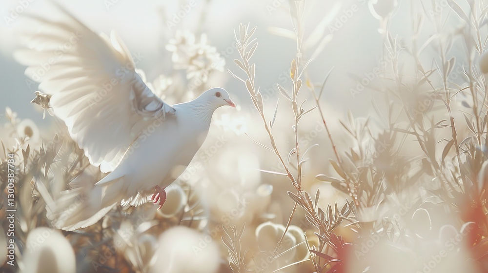 Fototapeta premium White dove flying over a tranquil battlefield with scattered olive branches, symbolizing peace and the resolution of conflict, representing harmony and hope after war.