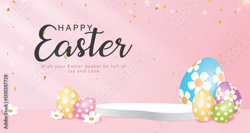 3d Easter Sale banner with beautiful painted eggs set on grass. Concept of Easter egg hunt or egg decorating art.